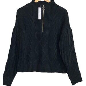 Sanctuary Cable-Knit Mock Neck 1/4 Zip Sweater Womens Size XL Pullover Black